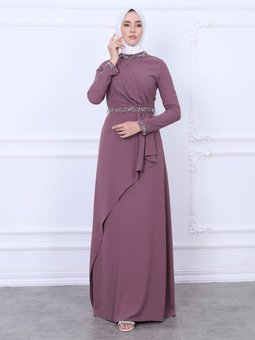 Vişne Hakim Yaka Kemeri Ve Kolları Boncuk Detaylı Abiye Elbise