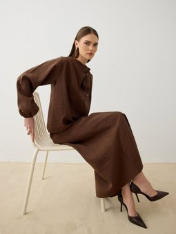 Kırışık Efektli Yakası Bağlama Detaylı Bluz & Etek İkili Exclusive Takım Kahverengi