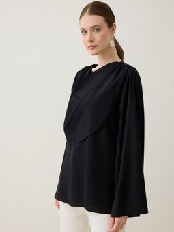 Krep Kumaşlı Degaje Yaka Bluz / Siyah Gömlek