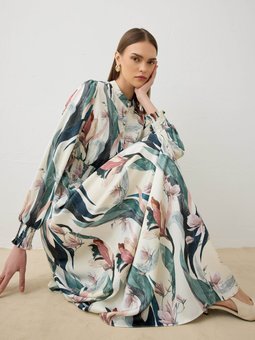 Parlak Saten Kumaşlı Çiçek Yeşil Desenli Elbise