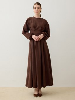 Pile Detaylı Balon Kollu Kahverengi Elbise