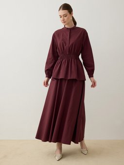 Poplin Kumaşlı Bel Büzgülü Tunik & Etek Bordo Takım