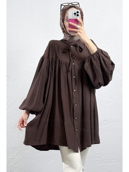 Yaka Bağcıklı Biritli Kahverengi Tunik