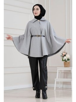 Beli Kemerli Kaşe Koyu Gri Panço