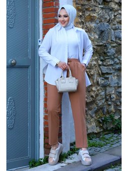 Cepli Beli Lastikli Kalem Camel Pantolon