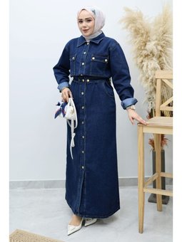 Çıtçıtlı Kot Koyu Mavi Elbise