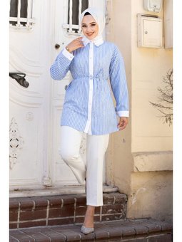 Önü Taş Detaylı Çizgili Mavi Tunik
