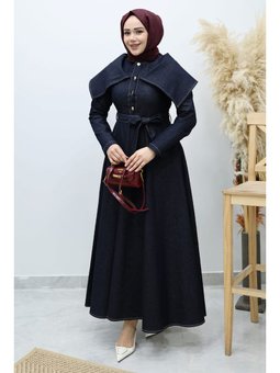 Pelerin Yaka Kot Koyu Mavi Elbise
