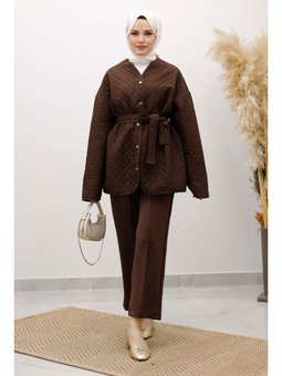 Taşlı Kapitone Kahverengi Ceket