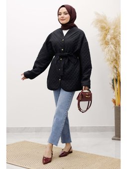Taşlı Kapitone Siyah Ceket
