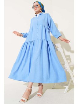 Hakim Yaka Yarım Düğmeli Patlı Mavi Elbise