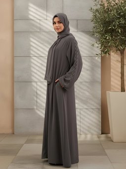 Gri Takım Taş İşlemeli Şallı Ferace