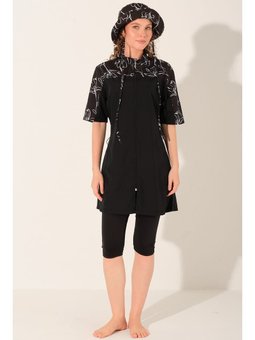 Şapkalı Önden Fermuarlı Yarım Kol Yarı Kapalı Mayo