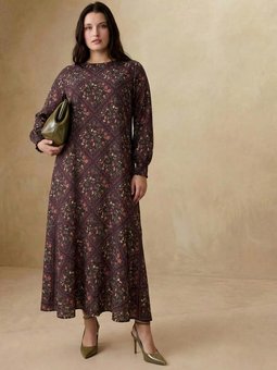 Büyük Beden Kahve Kare Çiçek Desen Elbise