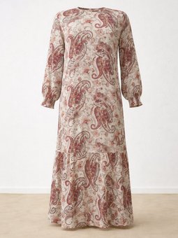 Büyük Beden Kahverengi Şal Desen Elbise