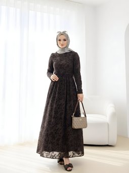 Kahverengi Flok Desen Kuşaklı Elbise