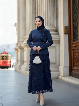 Lacivert Çiçek Dokulu Zarif İkili Takım