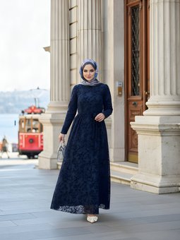 Lacivert Flok Desen Kuşaklı Elbise