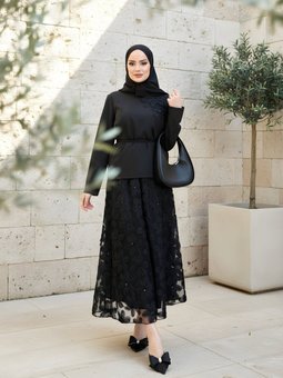 Siyah Çiçek Dokulu İkili Zarif Takım