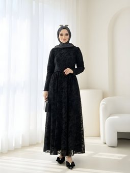 Siyah Flok Desen Kuşaklı Elbise