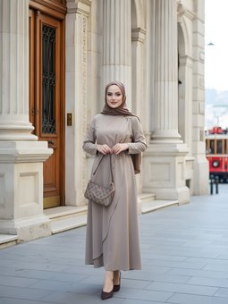 Vizon Kruvaze Bej Bağlamalı Elbise