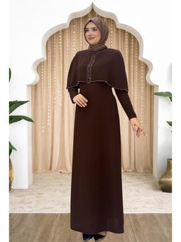 Boncuk Detaylı Omuzu Pelerinli Sunay Abiye Elbise Kahverengi