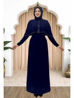 Boncuk Detaylı Omuzu Pelerinli Sunay Abiye Elbise Lacivert