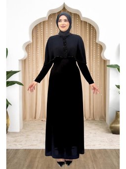 Boncuk Detaylı Omuzu Pelerinli Sunay Abiye Elbise Siyah