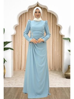 Kristal Taş Detaylı Beli Drapeli Dilem Abiye Elbise Bebe Mavisi