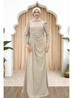 Kristal Taş Detaylı Beli Drapeli Dilem Abiye Elbise Bej