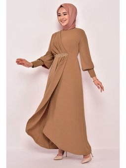 Giyim Moda Aplike Taşlı Uzun Günlük Abiye Elbise Taba