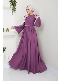 Giyim Moda Kemeri Taşlı Krep Abiye Elbise Lila