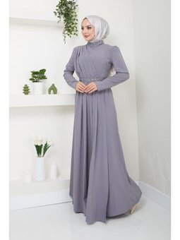 Giyim Moda Kemeri Yakası Taşlı Abiye Elbise Gri
