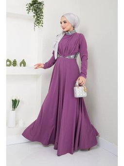 Giyim Moda Pul Detaylı Pileli Abiye Elbise Lila