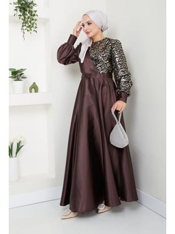Moda Giyim Tesettür Pul Saten Abiye Elbise Kahverengi