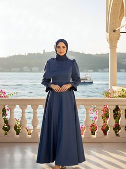 Lacivert Saten Uzun Abiye Elbise