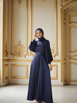 Lacivert Şifon Detaylı Saten Abiye Elbise