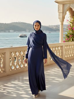 Lacivert Şifon Detaylı Saten Abiye Elbise