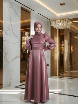 Pembe Simli Saten Abiye Elbise