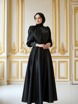 Siyah Faraz Saten Mezuniyet Balo Abiye Elbise