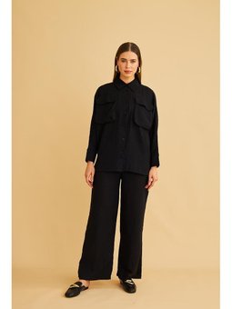Meva Cepli Yarasa Kol Keten Gömlek Pantolon Siyah Takım