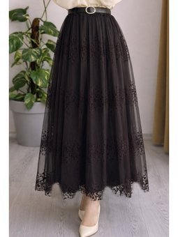 Flok Tül Kahverengi Etek