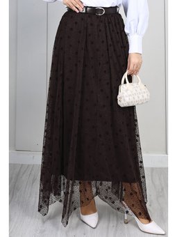 Flok Tül Kahverengi Etek