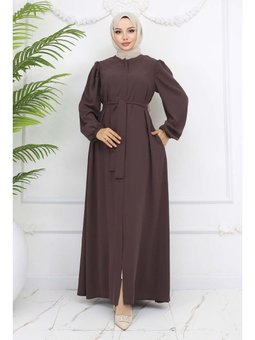 Gizli Fermuarlı Kuşaklı Sütlü Kahve Ferace