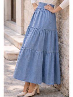 Katlı Kot Buz Mavisi Etek