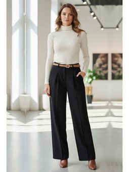 Kemerli Palazzo Kumaş Siyah Pantolon