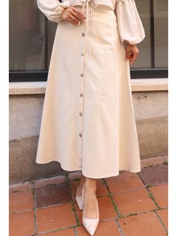Önden Düğmeli Keten Taş Rengi Etek
