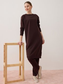 Basic Bisiklet Yaka Reglan Kollu Uzun İkili Kahverengi Eşofman Takımı