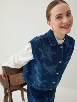 Baskı Detaylı Denim Lacivert Yelek