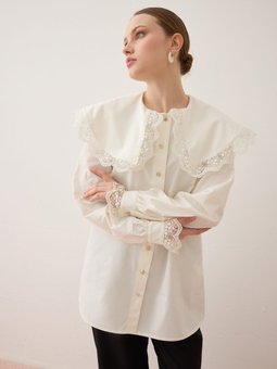 Dantel Detaylı Bebeyakalı Poplin Refka Tunik Beyaz